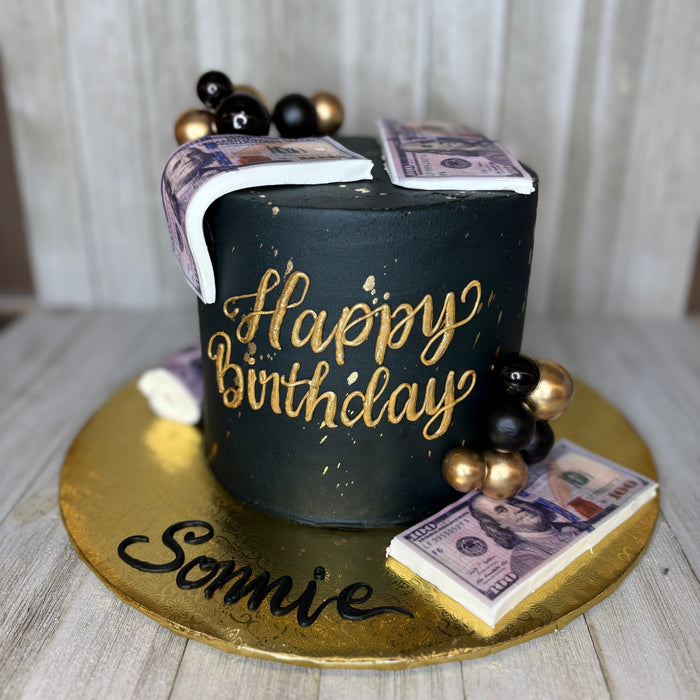 black and gold money cake