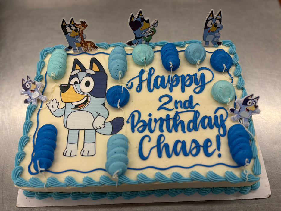 Bluey child birthday cake with Balloons
