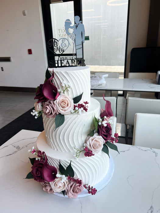 Wedding 3 tier Wedding cake with burgundy and blush florals