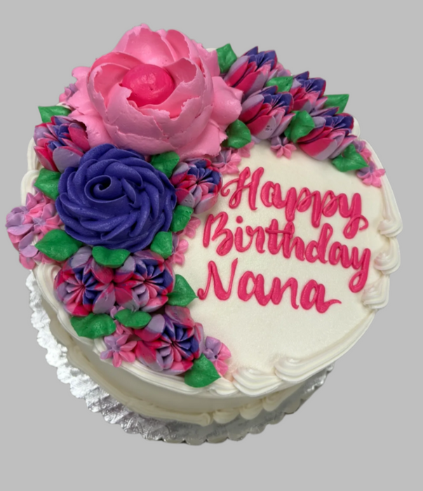 Happy Birthday Nana with pink and purple flowers