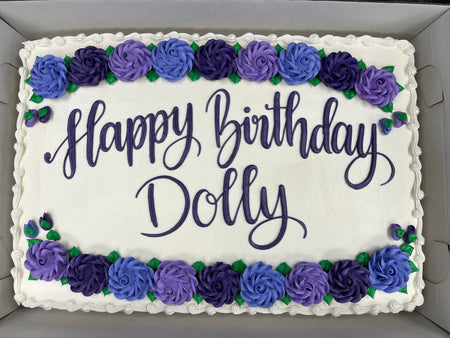 birthday sheet cake with purple and blue roses. child or adult birthday