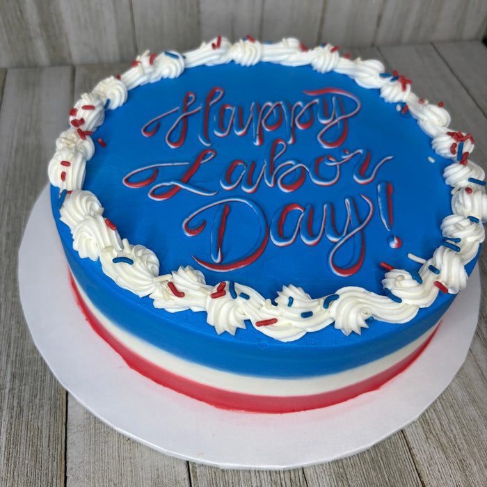 Striped Labor Day Cake- Single or double layer round. Also available in sheet cake sizes