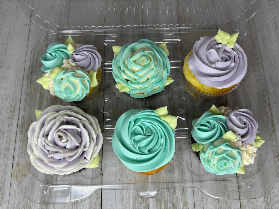 green and violet floral cupcakes