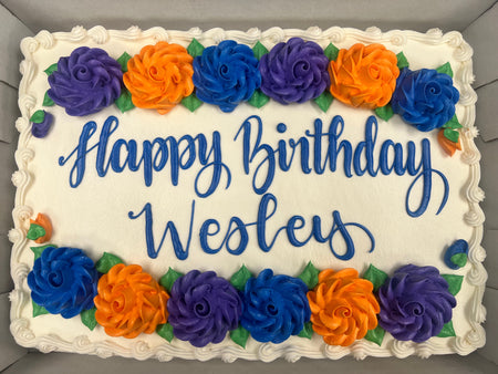 Birthday sheet cake with blue and orange florals