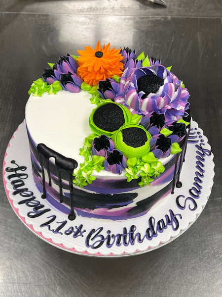 happy 21st birthday neon green orange purple black round cake 